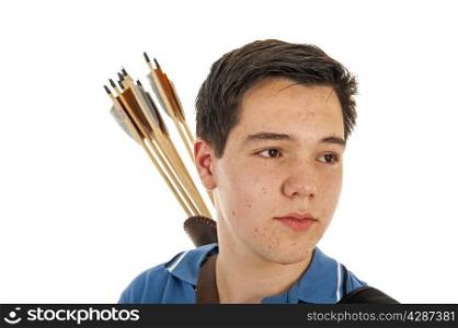 Boy archer with blue shirt and arrows in closeup