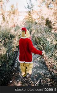 Boy disguised to christmas in the forest with their family