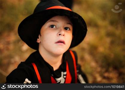 Boy disguised to halloween in the forest