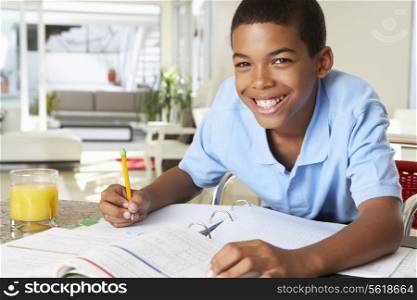Boy Doing Homework In Kitchen