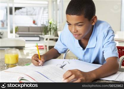 Boy Doing Homework In Kitchen