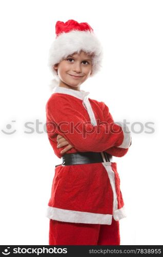 Boy dressed as Santa Claus isolated on white background