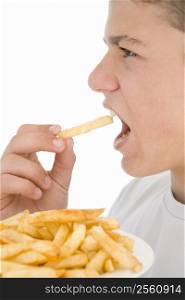 Boy eating French fries