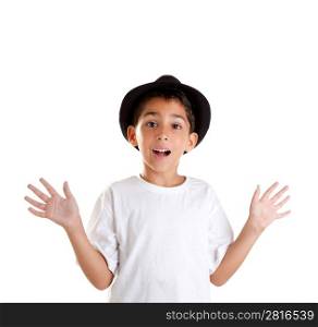 boy gesture with black hat isolated on white background