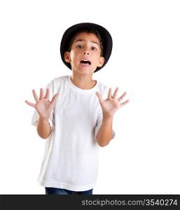 boy gesture with black hat isolated on white background
