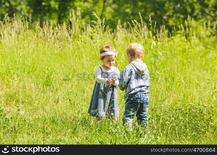Boy gives a flower to girl. Little kids play outdoors. Boy and girl