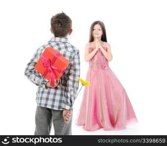 boy gives gifts for the holiday girl
