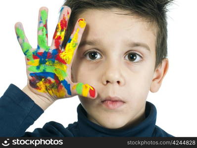 Boy hand painted with colorful paint. White islated