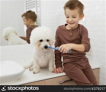 boy helping his dog wash his teeth home