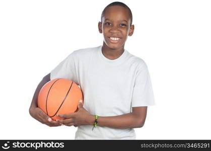 boy holding a basketball ball over white background