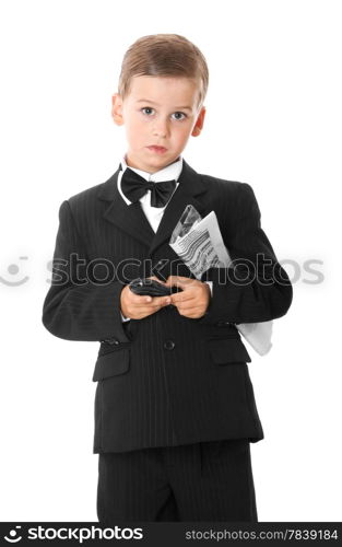 Boy holding a cellphone and newspaper isolated on white background