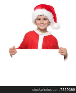 Boy holding a christmas poster isolated on white background