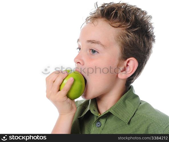 Boy holding an apple. Isolated on a white background