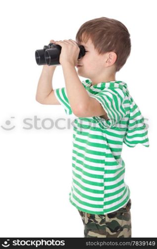 Boy holding binoculars isolated on a white