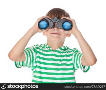 Boy holding binoculars isolated on a white
