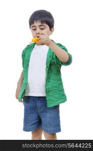 Boy holding ice lolly over white background