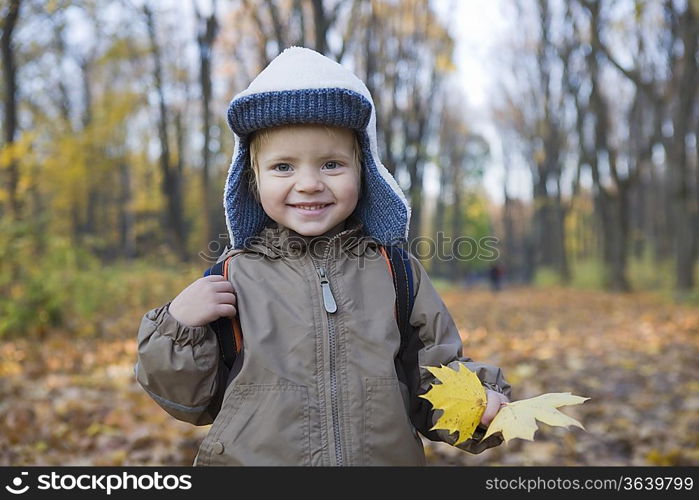 Boy holding leaves in park, portrait