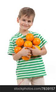 Boy holding oranges isolated on white background