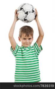Boy holding soccer ball isolated on white background