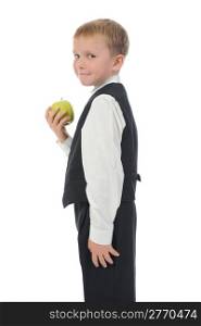 boy holds an apple. Isolated on white background