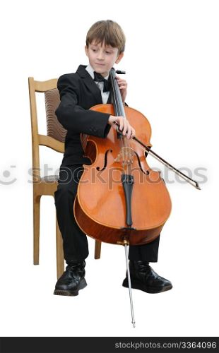 Boy in a black suit, playing the cello.
