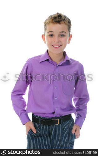 Boy in a business suit. Isolated on white background
