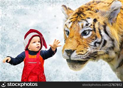 boy in christmas hat and tiger collage