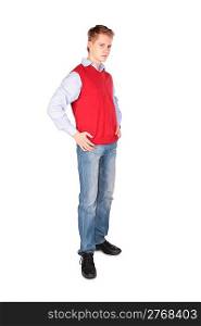 Boy in red jacket posing