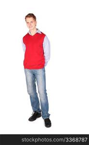 Boy in red jacket posing hands behind