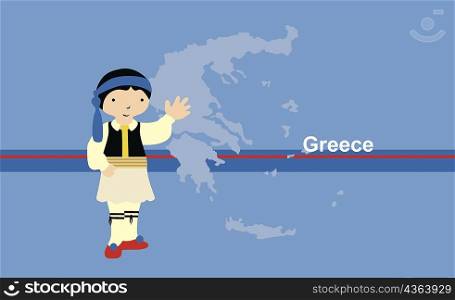 Boy in traditional clothing in front of the map of Greece