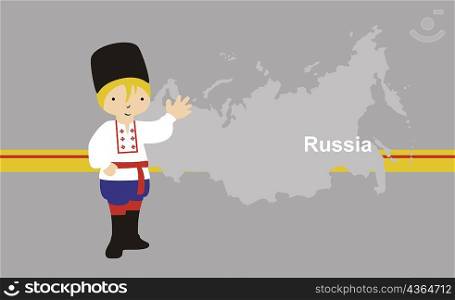 Boy in traditional Russian clothing in front of the map of Russia