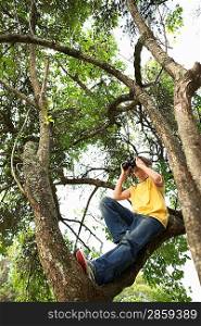 Boy in Tree Using Binoculars