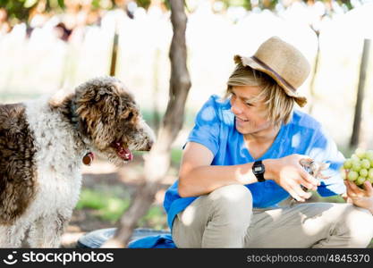 Boy in vineyard. Boy picking grapes in vineyard with a dog