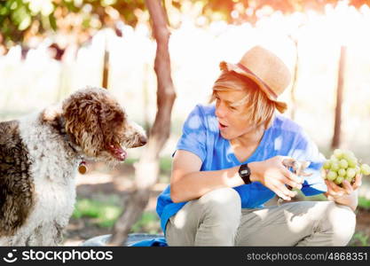 Boy in vineyard. Boy picking grapes in vineyard with a dog