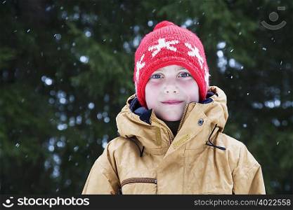 Boy in wooly hat with snow flakes