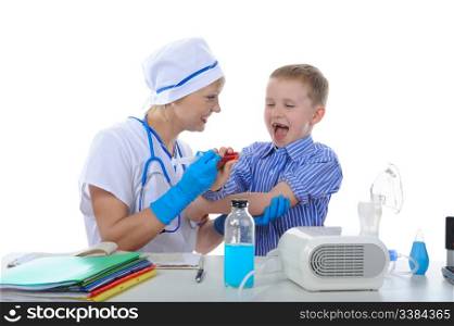 Boy is afraid of injections. Isolated on white background
