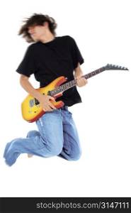 Boy Jumping With Electric Guitar. Motion blur in head and upper body. Shot in studio with the Canon 20D.