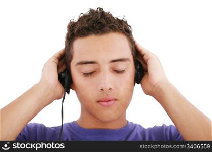 Boy listening to the music, isolated on white