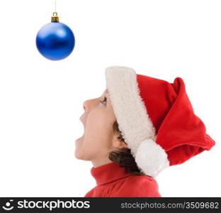 Boy looking at ball of Christmas on a over white background