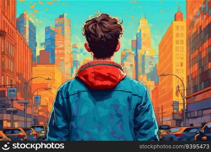 Boy looking at city high skyscrapers, comic book style image, generative ai