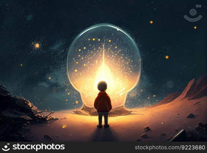 Boy looking the big bulb buried in the ground agai illustration. Ai genrative.