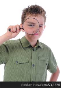 boy looking through a magnifying glass isolated on a white background