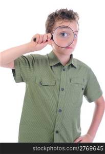 boy looking through a magnifying glass isolated on a white background