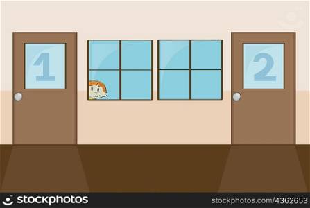 Boy looking through window of a classroom