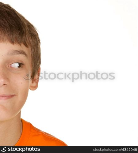 boy looks over at the copy space isolated on white