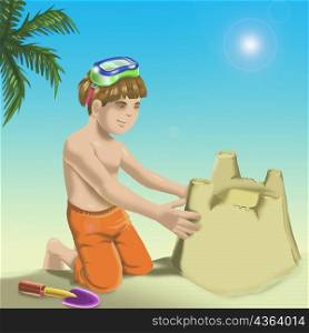 Boy making a sand castle on the beach