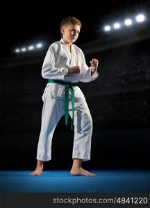 Boy martial arts fighter at sports hall