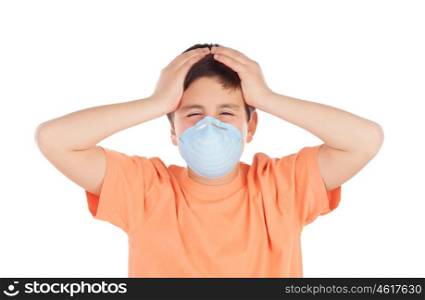 Boy of about twelve with allergy mask isolated on white background
