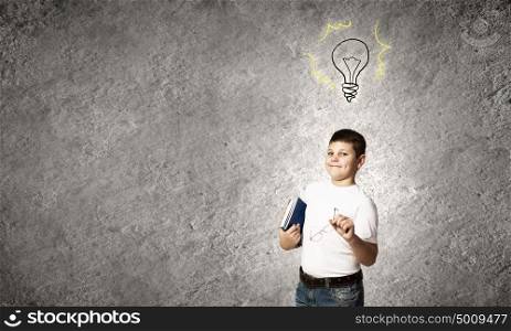 Boy of school age. Schoolboy with books and light bulb. Idea concept