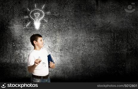 Boy of school age. Schoolboy with books and light bulb. Idea concept